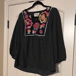 Savanna Jane Black Blouse with Floral Embroidery